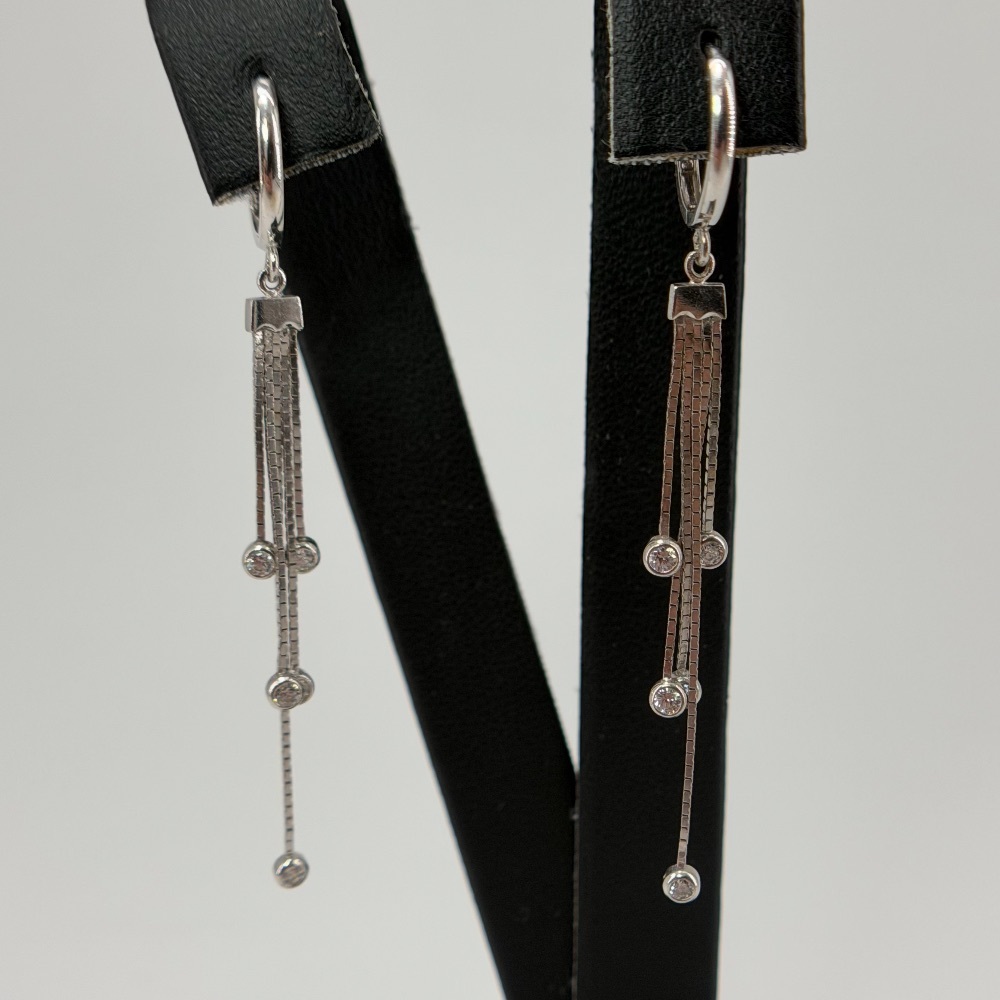 14K White Gold CZ Chain Drop Huggie Hoop Earrings 2.6g Solid Gold Dangle New